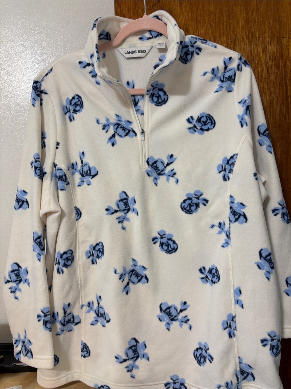 Lands' End Cream Fleece Half-Zip Sweater with Blue Floral Print